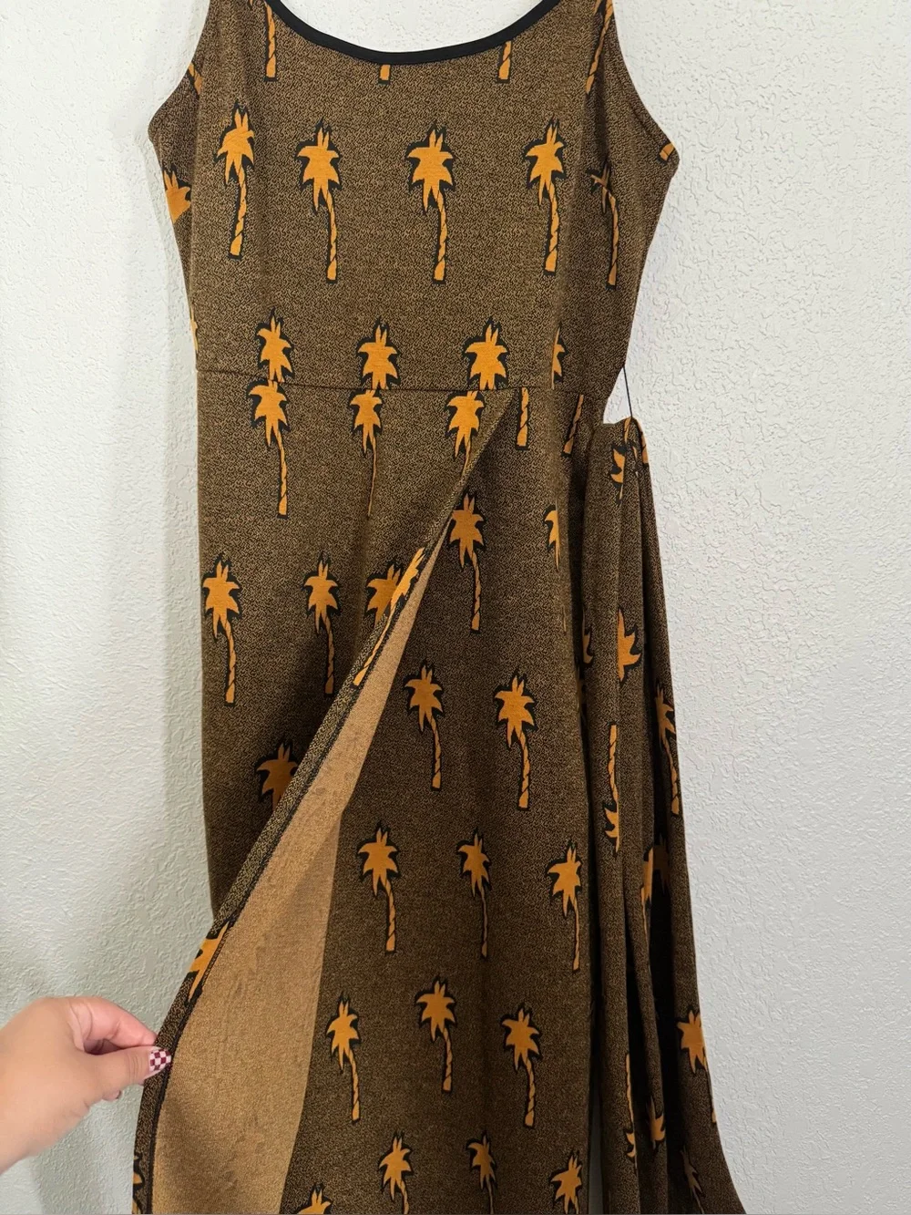 Hutch x ModCloth Palm Tree Belted Faux Wrap Sleeveless Midi Dress Brown Medium
